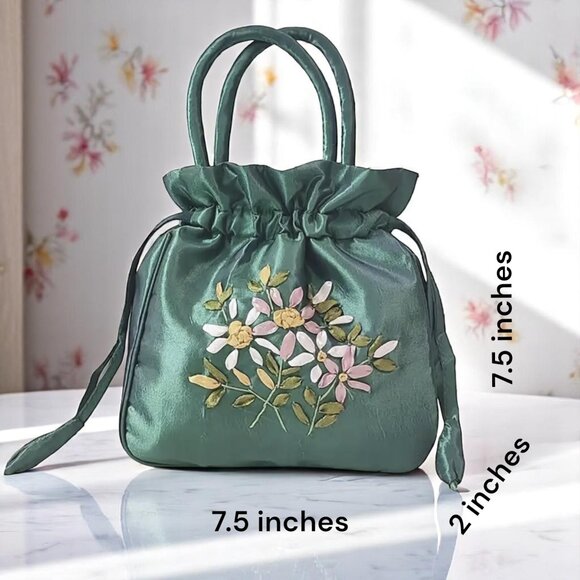 Floral Embroidered Nylon Drawstring Handbag Green Occasion Bag - Picture 3 of 7